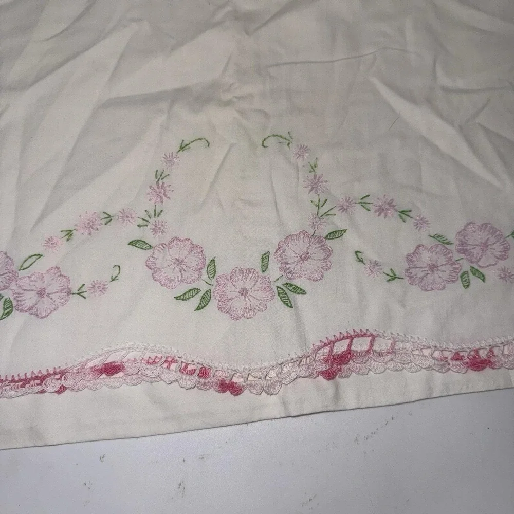 Vintage white pillowcase w/ pink floral embroidery & hand-crocheted lace edge